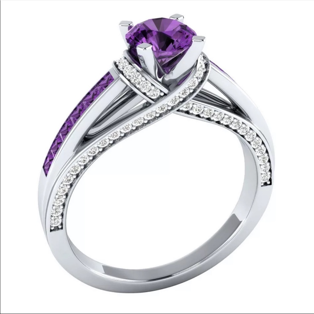 New Women’s 925 Silver Round Amethyst Lady Ring - Picture 1 of 3